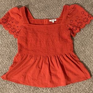 Madewell Smocked Eyelet Flutter Sleeve Top Burnt Orange S